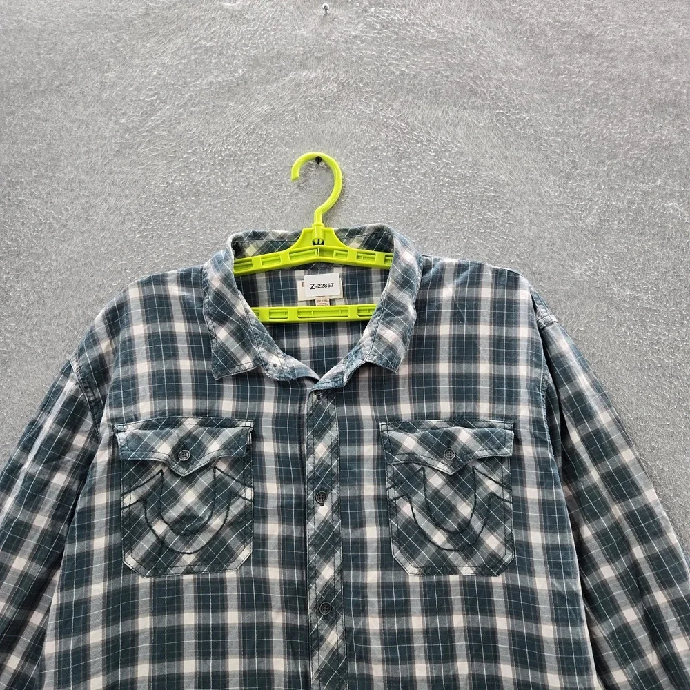 True‎ Religion Men Button Up Shirt 3XL/3TG Green Plaid Western Flap Pockets